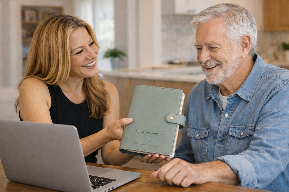 End of life planner journal, sage green cover, shown in use with digital summary booklet.