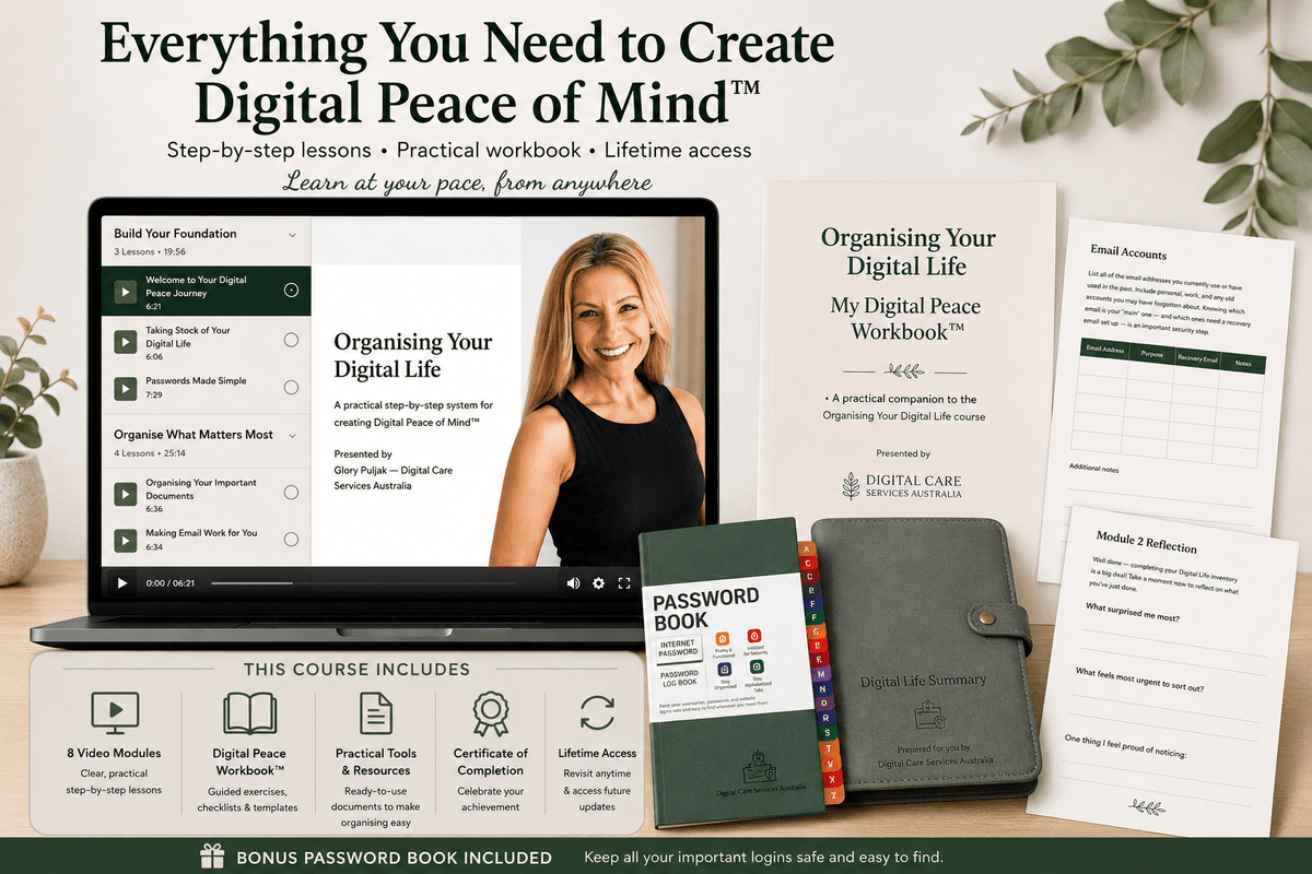 Digital course mockup and included materials for 'Digital Peace of Mind' displayed on a laptop screen and surrounding sheets, workbook, notebook, and certificate on a light neutral background.