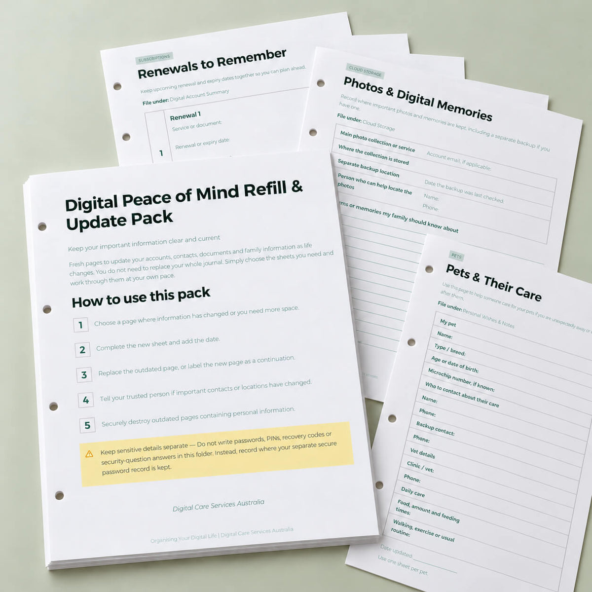 A stack of printed paper templates or guides titled 'Digital Peace of Mind Refill & Update Pack' arranged on a light gray surface. The pages show headings such as Renewals to Remember, Photos & Digital Memories, and Pets & Their Care, with text instructions and checklist-style layouts.
