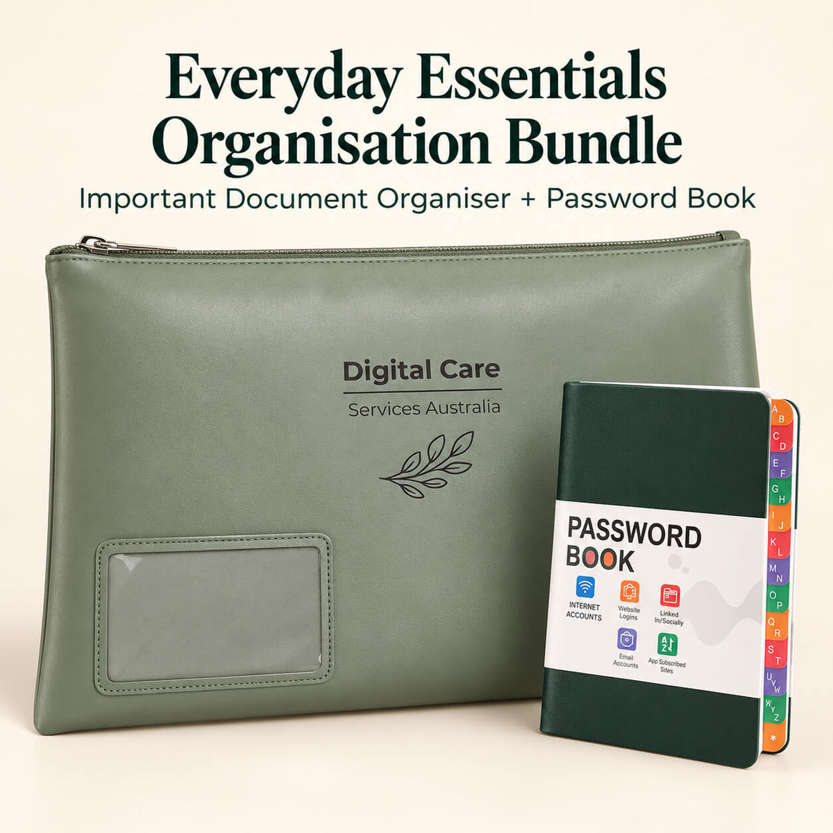 A digital care document organizer pouch in sage green next to a dark green password book with colorful tab pages, under the text 'Everyday Essentials Organisation Bundle'.