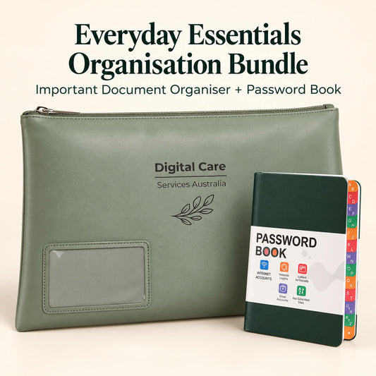 A digital care document organizer pouch in sage green next to a dark green password book with colorful tab pages, under the text 'Everyday Essentials Organisation Bundle'.