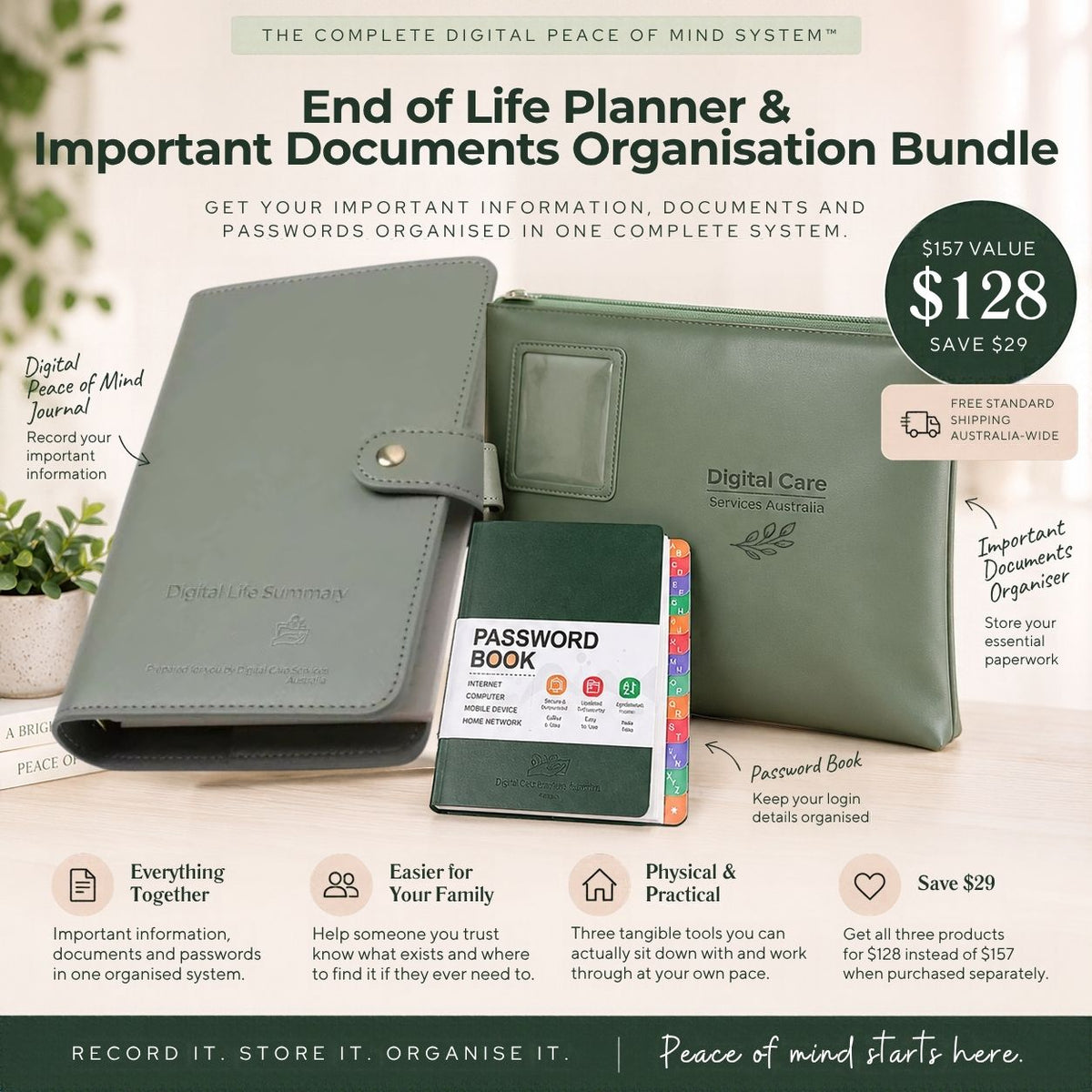Digital Peace of Mind System End of Life Planner and Important Documents Organisation Bundle, featuring a sage green leather journal, a white password book with multicolor tabs, and a digital sign-in tracker, presented in a styled flat-lay layout with promotional text and pricing.