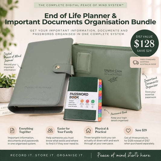 Digital Peace of Mind System End of Life Planner and Important Documents Organisation Bundle, featuring a sage green leather journal, a white password book with multicolor tabs, and a digital sign-in tracker, presented in a styled flat-lay layout with promotional text and pricing.