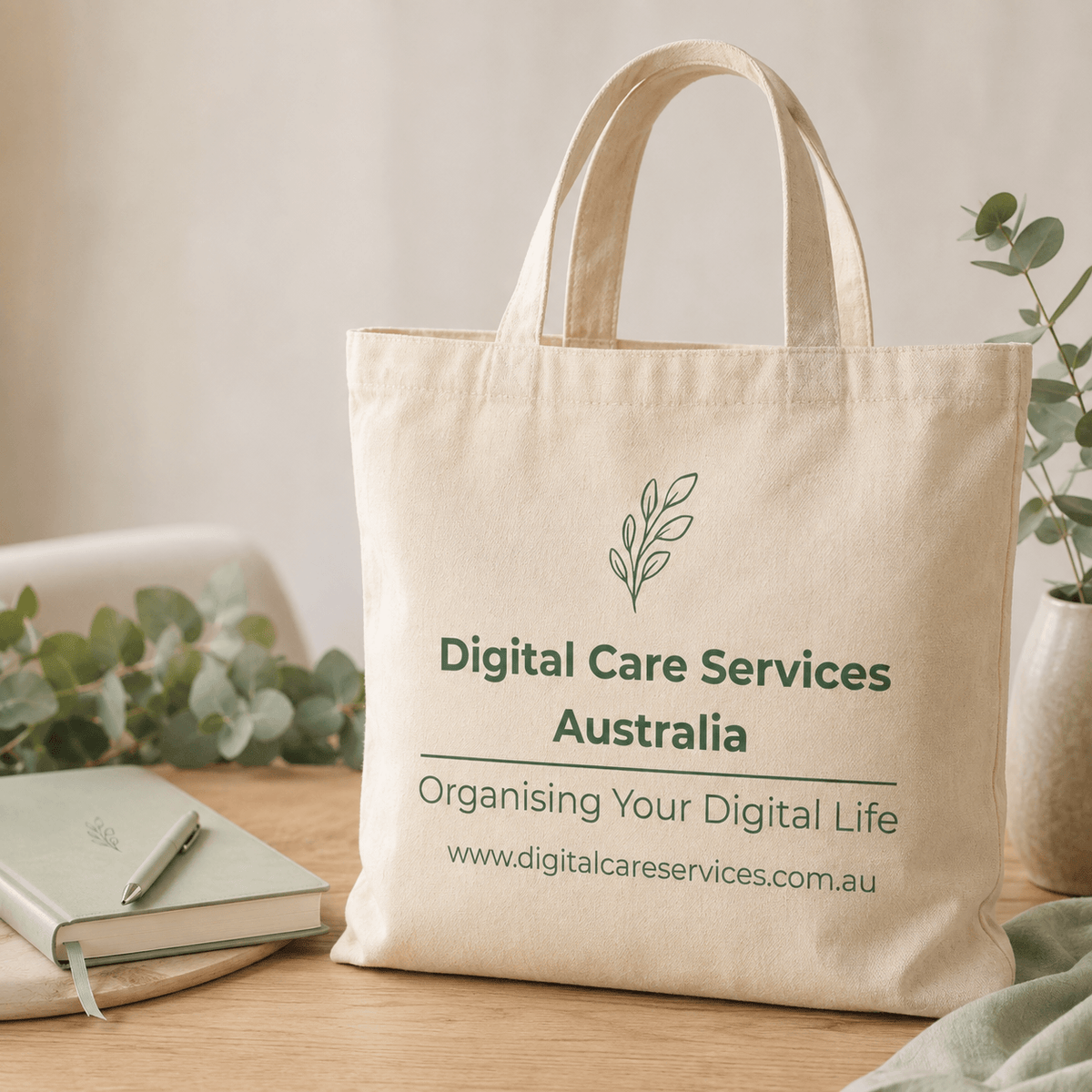 Beige calico tote bag with printed logo and website text