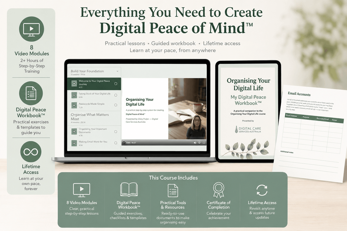 Promotional graphic for a digital course called 'Digital Peace of Mind' showing a laptop, tablet, and printed workbook on a light beige background with dark green text and icons. The layout outlines included modules, practical tools, certificate of completion, and lifetime access.