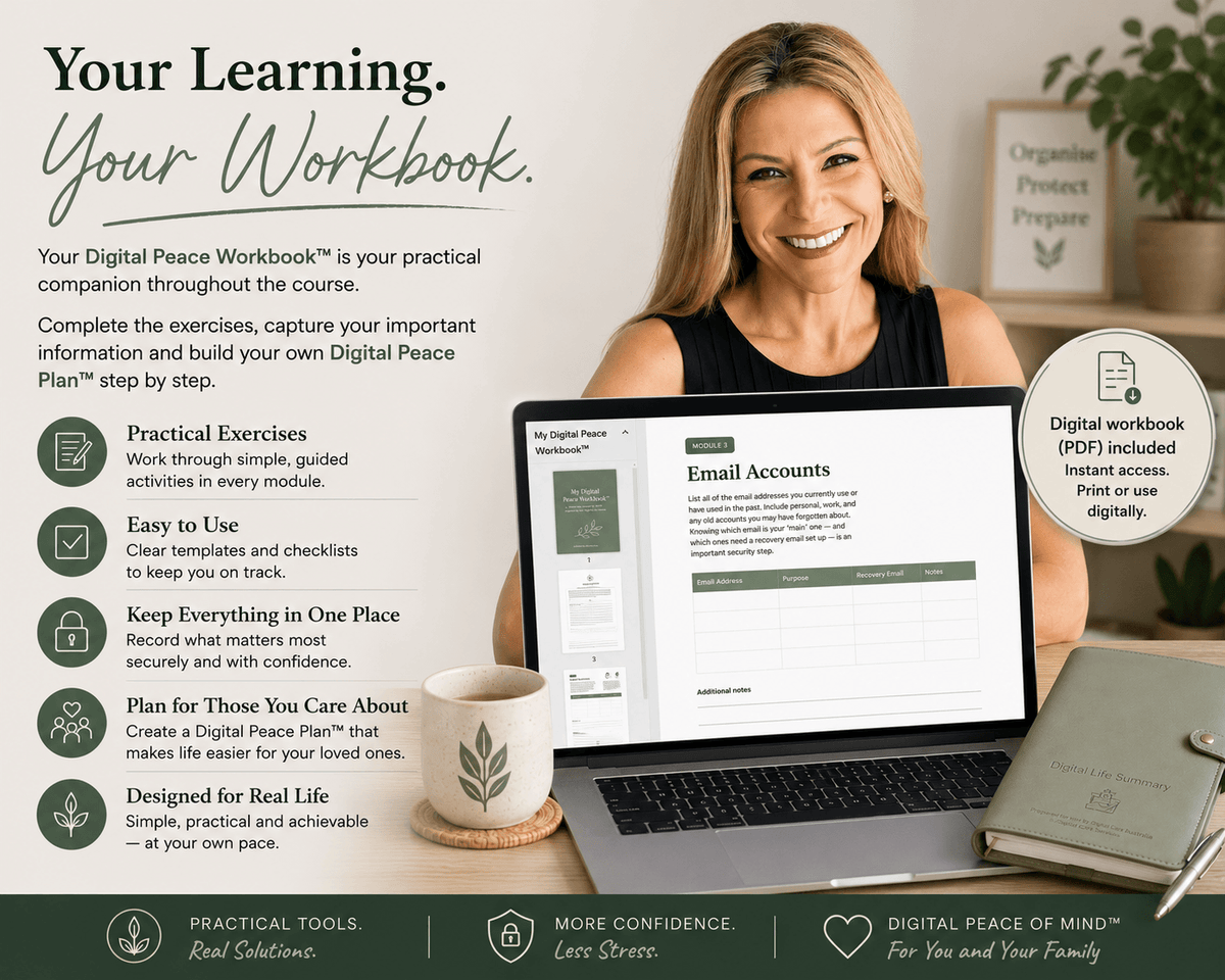 Learning workbook course set: laptop workbook pages and sage planner notebook on desk