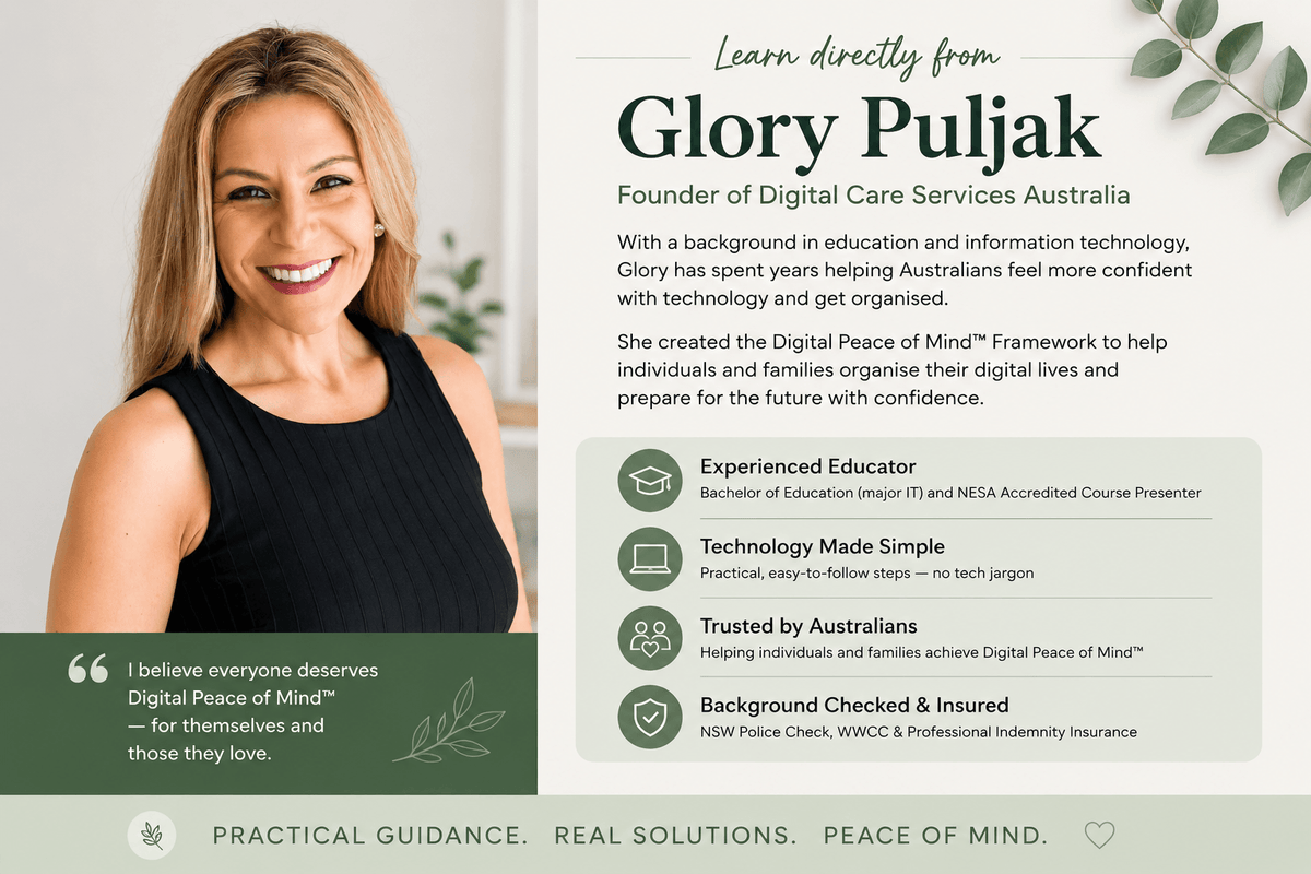 Course instructor portrait with feature checklist panel; black sleeveless top and desk setup