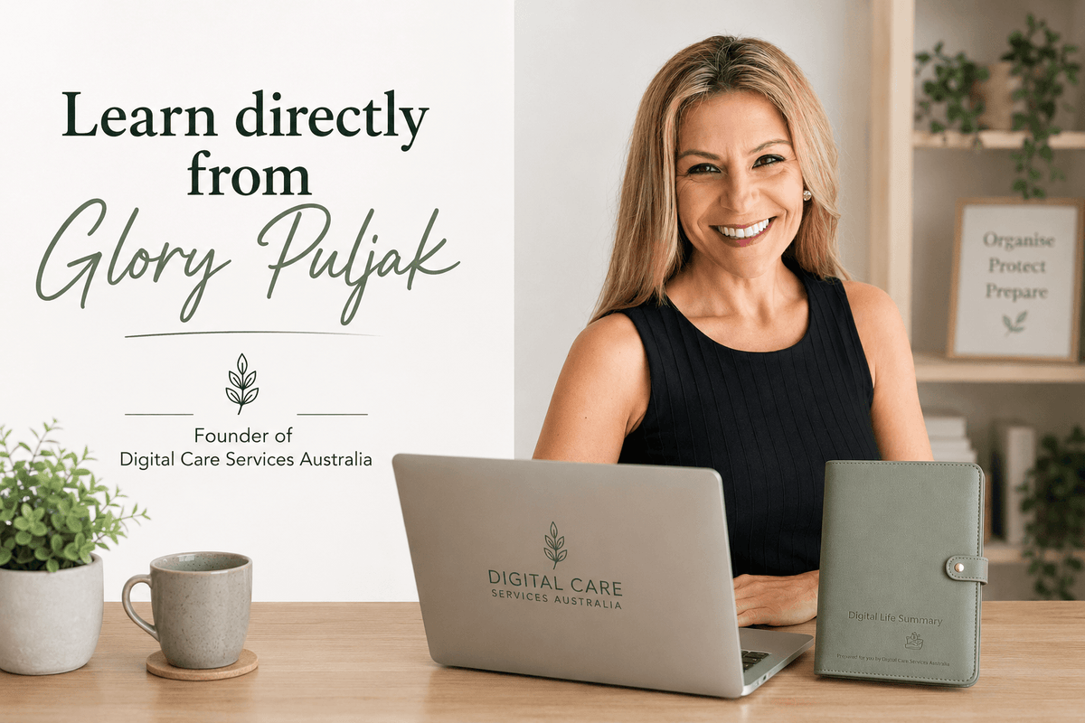 Online digital care course presenter, smiling woman with laptop and sage planner notebook